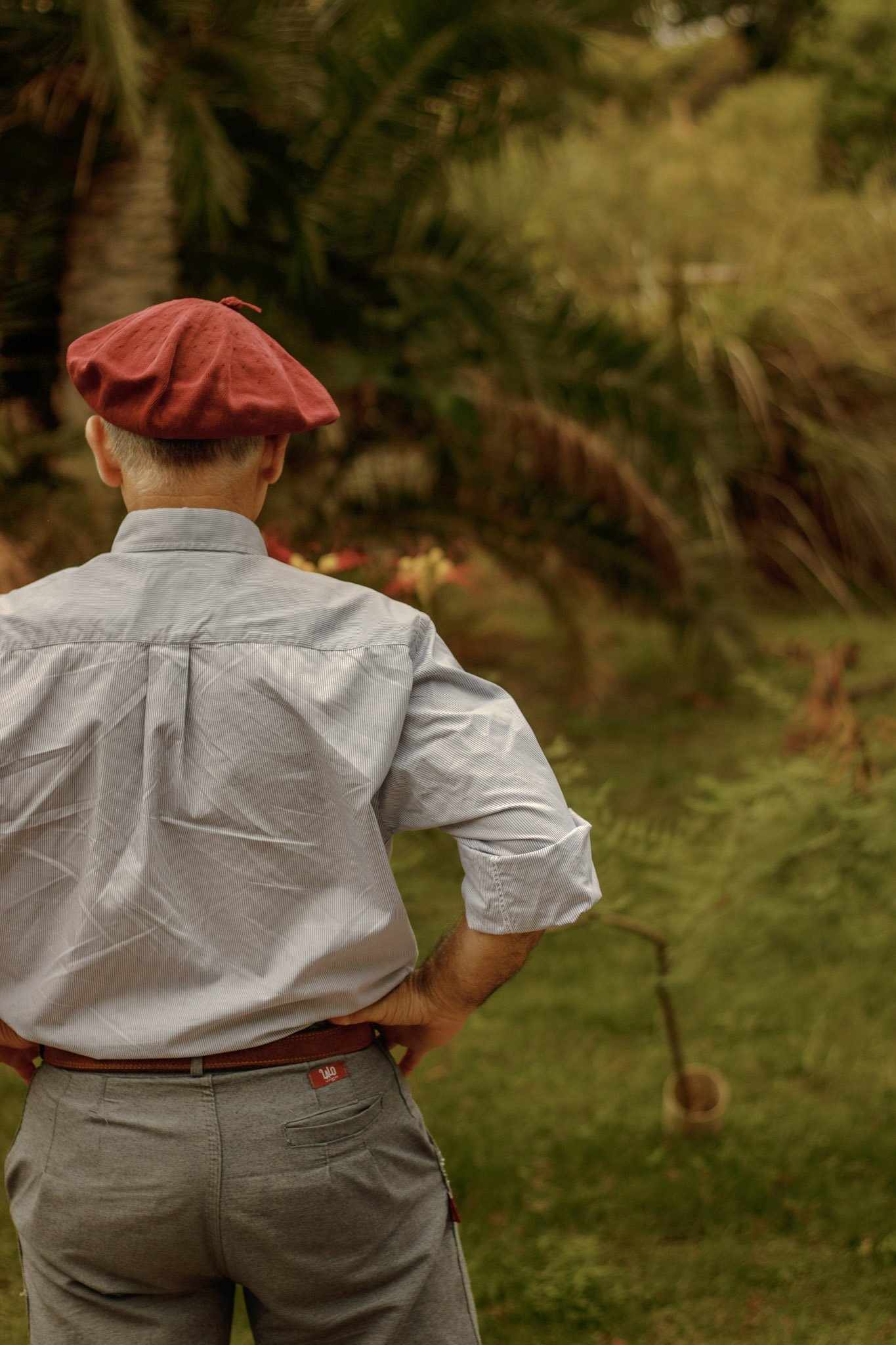 a man in a gaucho hat ponders small animals in the eco park of Buenos Aires, Argentina